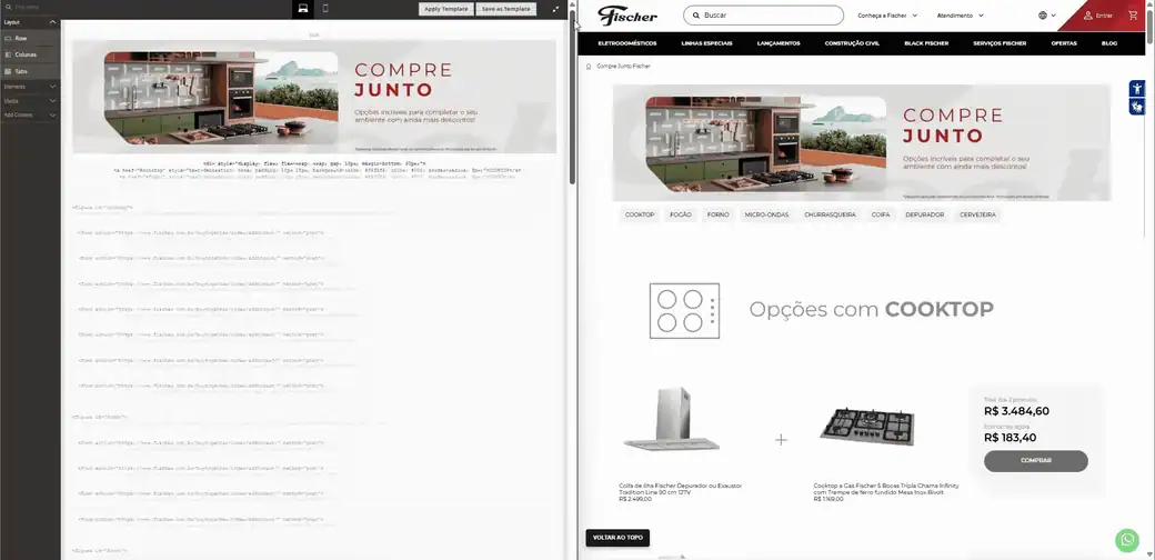 Montagem e resultado da landing page Compre Junto com combos de produtos