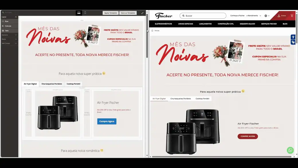 Montagem no Page Builder e resultado da landing page Mês das Noivas