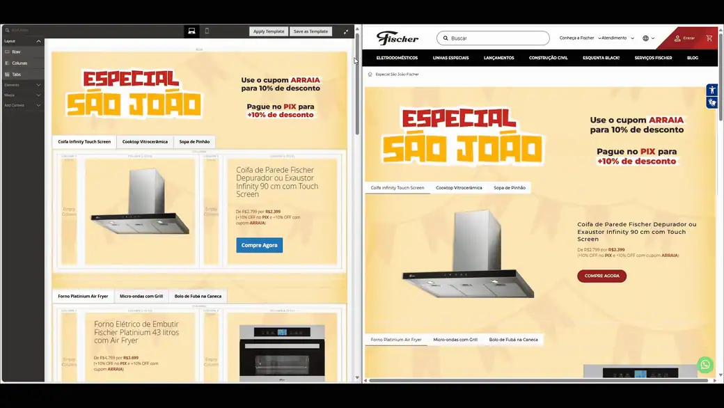 Montagem no Page Builder e resultado da landing page Especial São João